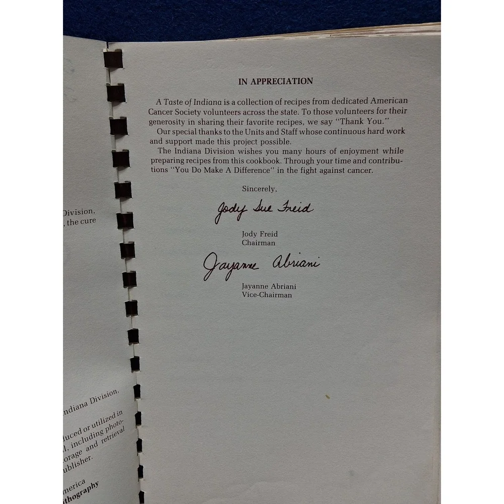 American Cancer Society A Taste of Indiana Cookbook 1980 First Printing‎ Spiral